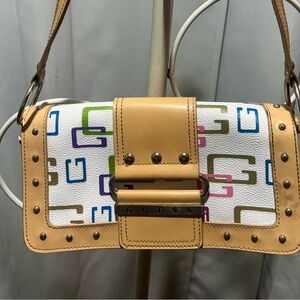 GUESS Vintage White and Tan Shoulder Bag with Multicolor Logo